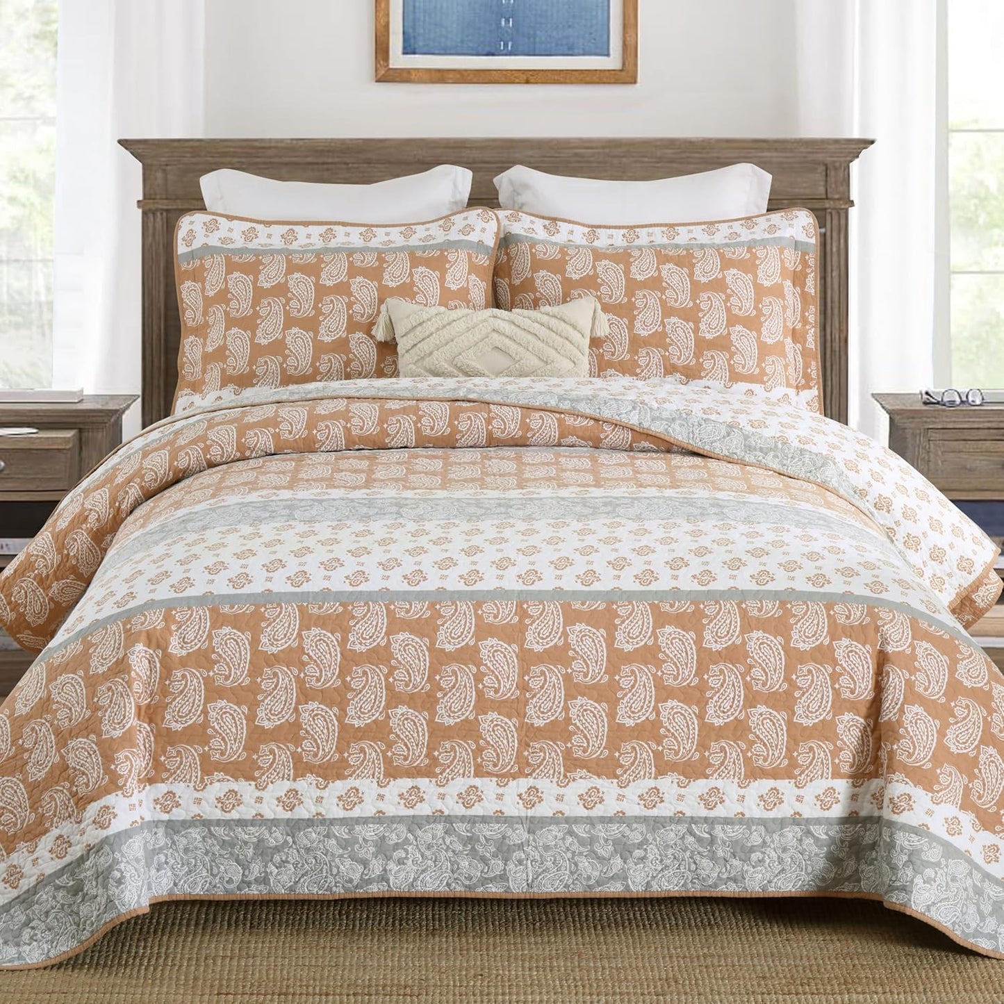 Terracotta Comforter Set, Cotton Quilt King Size, Orange Gray Quilt Set Bedding Set, Soft Striped Bedspread Set King All Season 3 Piece