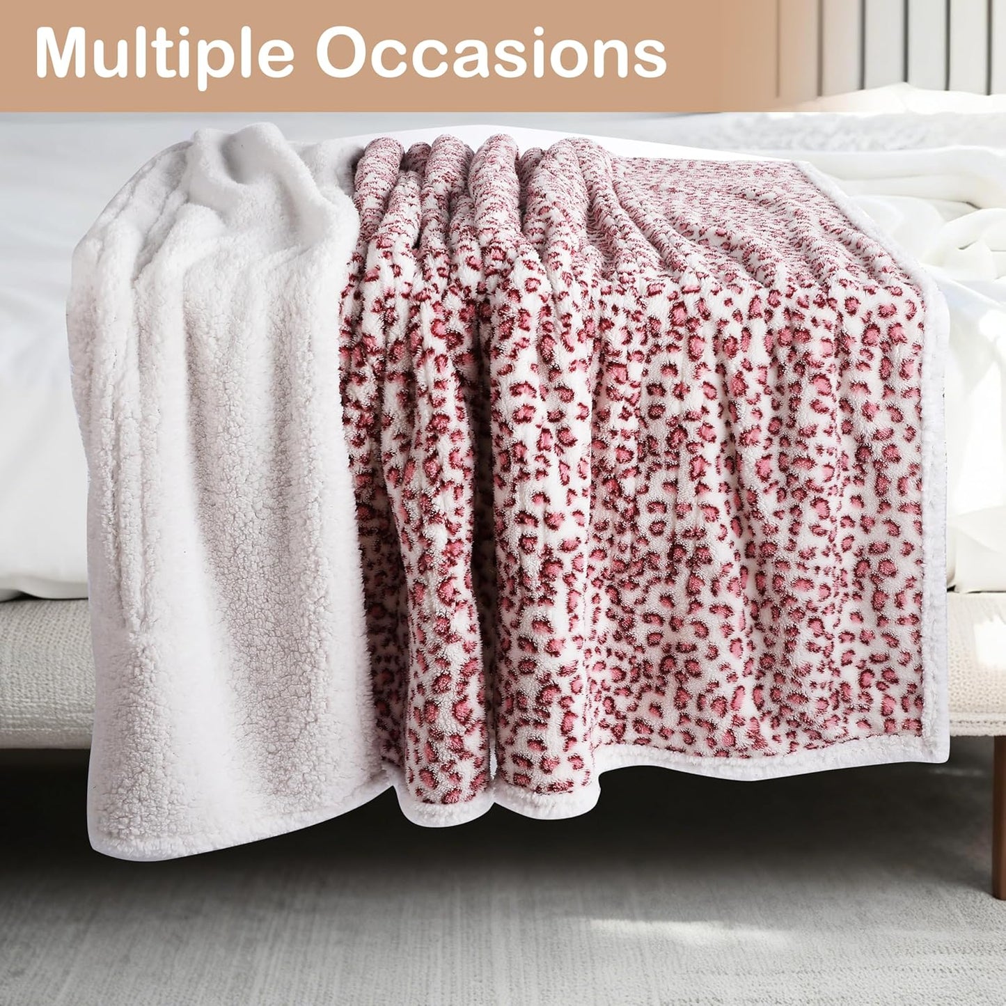 Electric Heated Blanket Full Size 72×84, 10H Auto Off & 6 Heating Settings Fluffy Ultra Soft Warmth Lightweight Cozy Plush Sherpa Machine Washable, Fast Heating, Home Office Leopard Print Pink & White