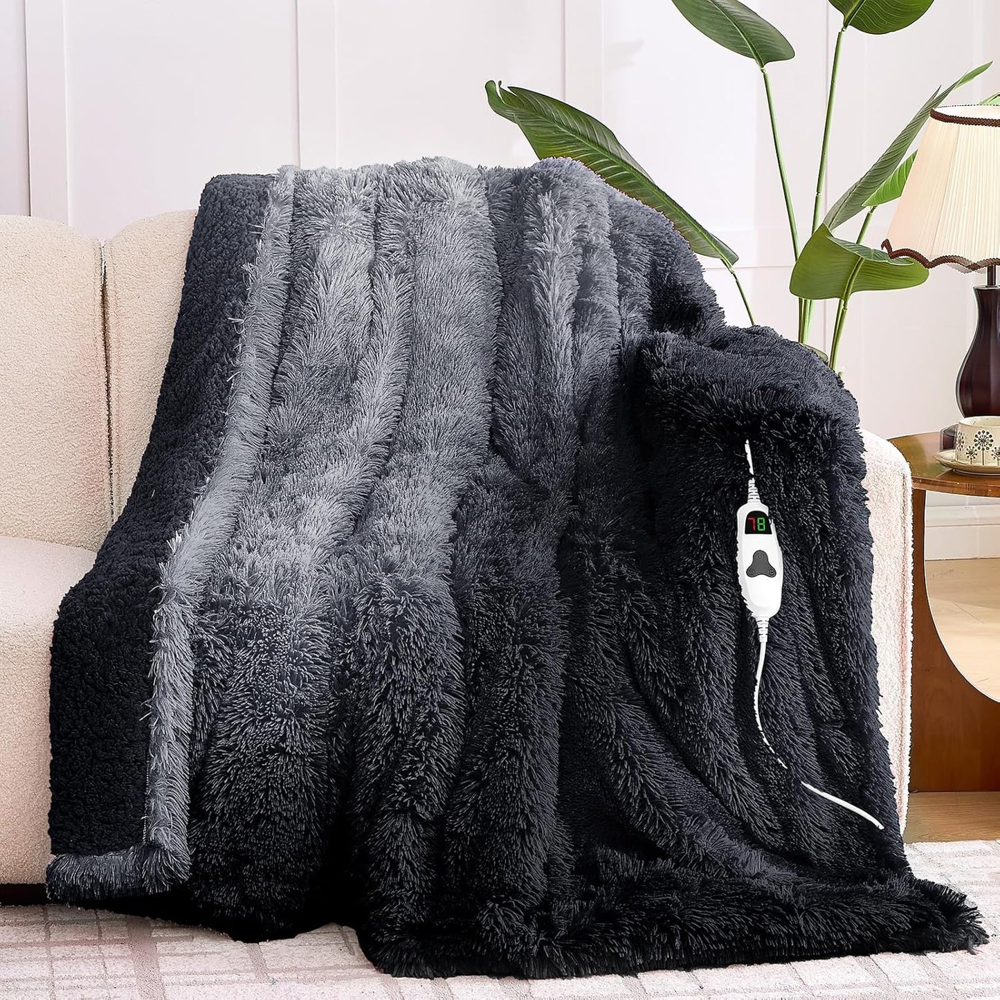 Heated Electric Blanket Twin–Faux Fur with Soft Thick Sherpa,Warm Winter Birthday Gifts for Women Grandma，10 Heat Settings,5 Time Settings with Fast Heating, 62x84, Midnight Black