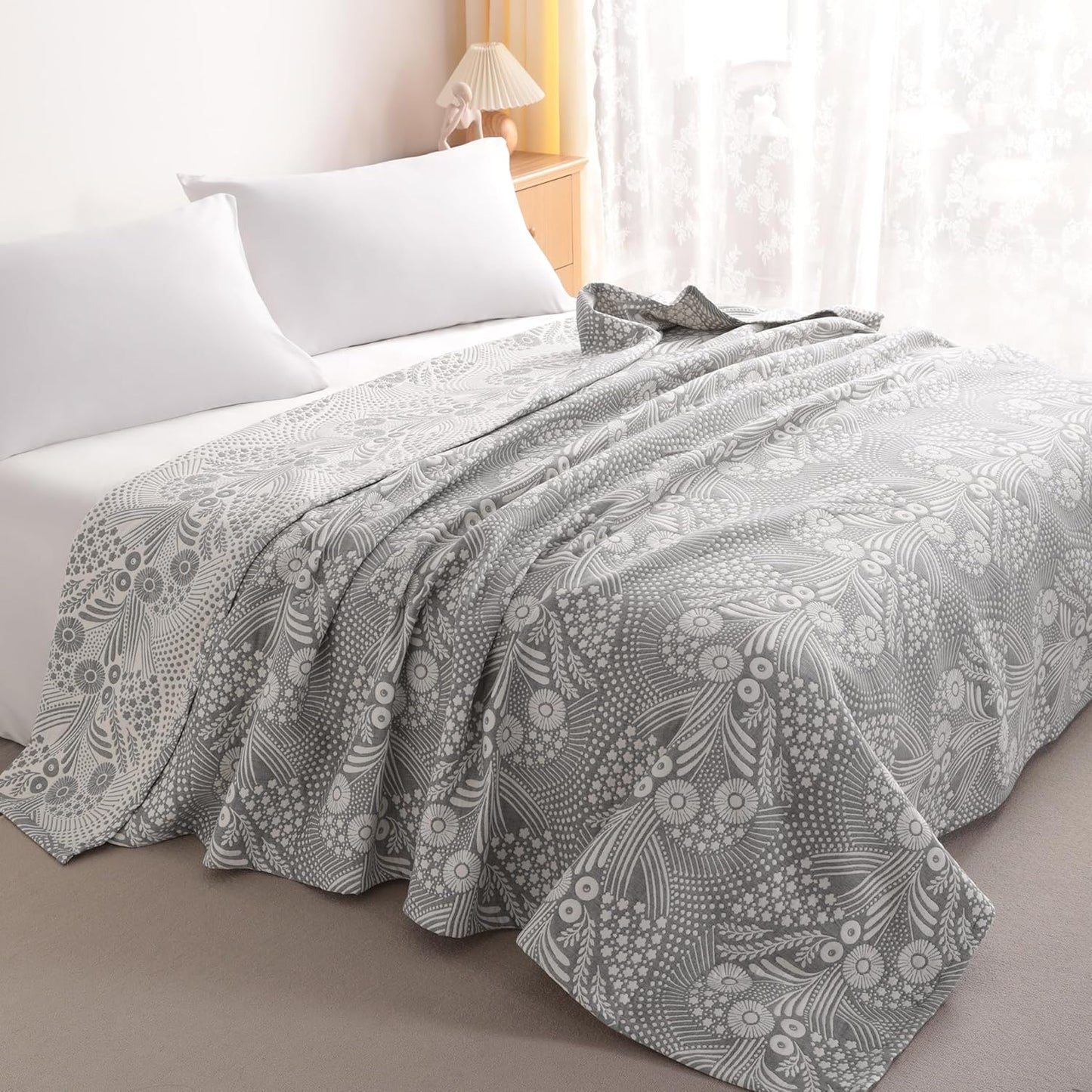 NTBAY 3 Layers Cotton Muslin 88x92 Queen Bed Blanket, Super Soft Breathable Thermal Yarn Dyed Quilt for Adults, Perfect Lightweight Blanket for Couch Sofa Bed All Seasons, Grey Star and Wheat