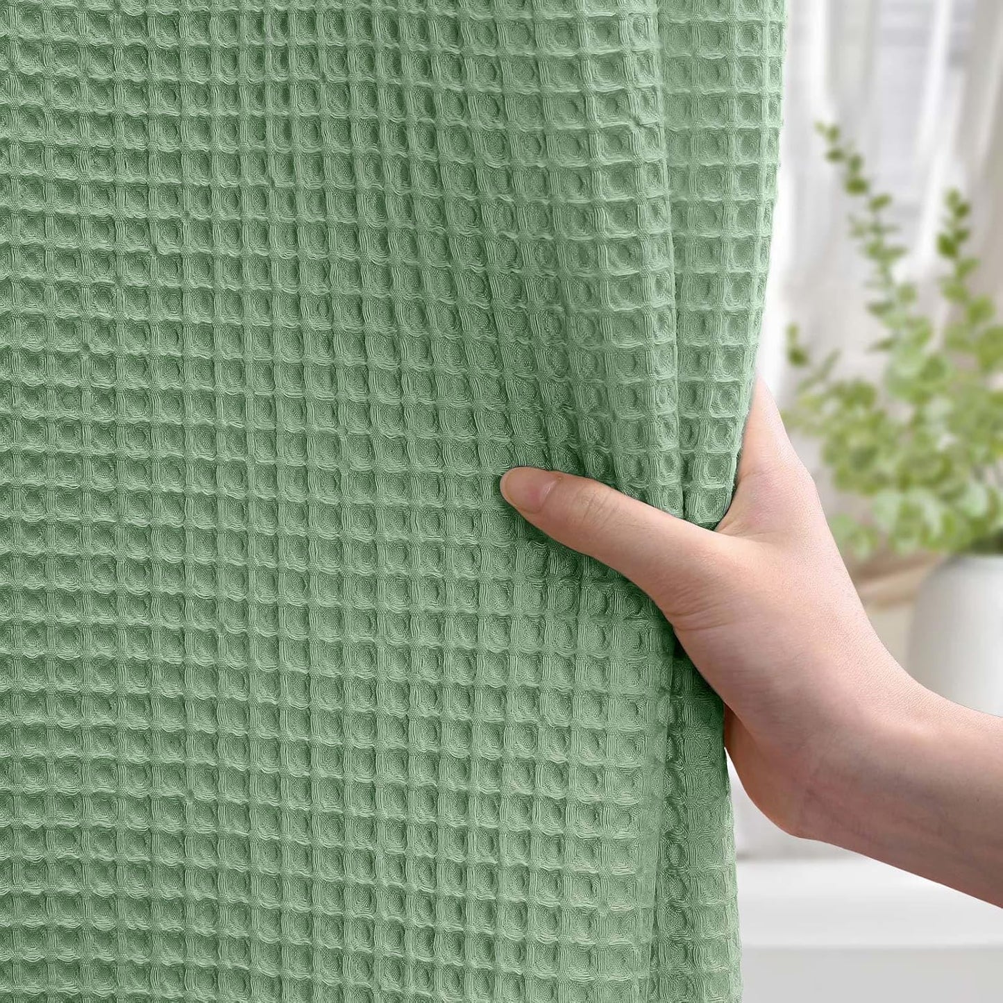 Long Waffle Shower Curtain - Sage Green Cotton Texture Fabric Heavyweight Shower Curtain for Bathroom,72Wx78L