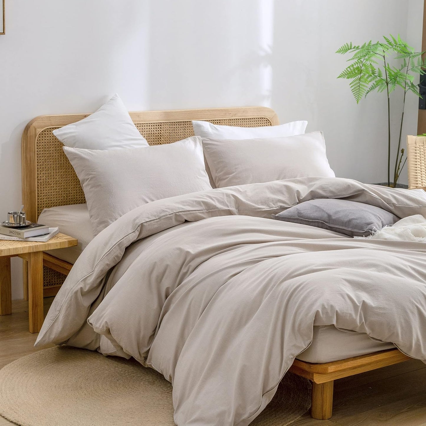 BESTOUCH Duvet Cover Set 100% Washed Cotton Linen Feel Super Soft Comfortable Chic Lightweight 3 PCs Home Bedding Set Solid Linen Grey Oversized Queen