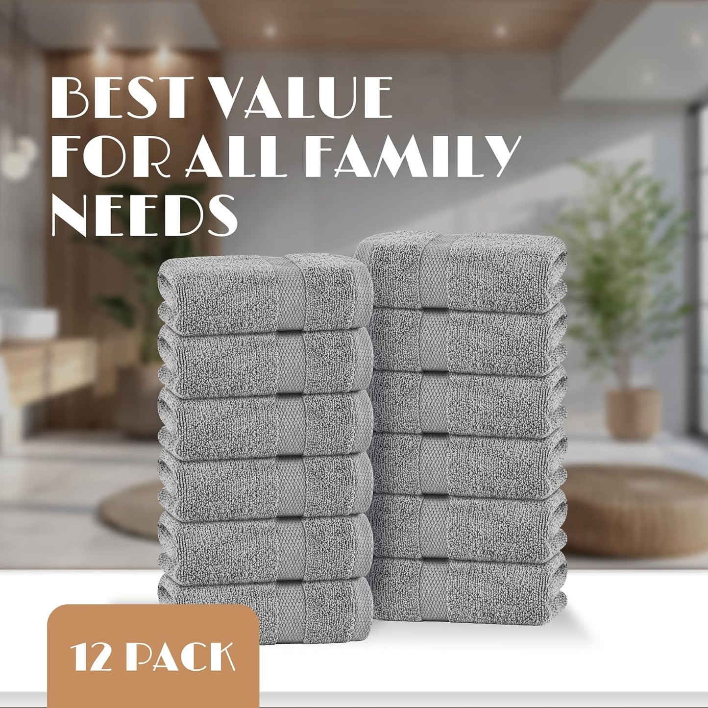 White Classic Light Gray Washcloths Set for Body and Face Towel, Cotton Wash Cloths Bulk 12 Pack, Spa Fingertip Wash Clothes 12x12 Inch, Soft Absorbent Gym Towels