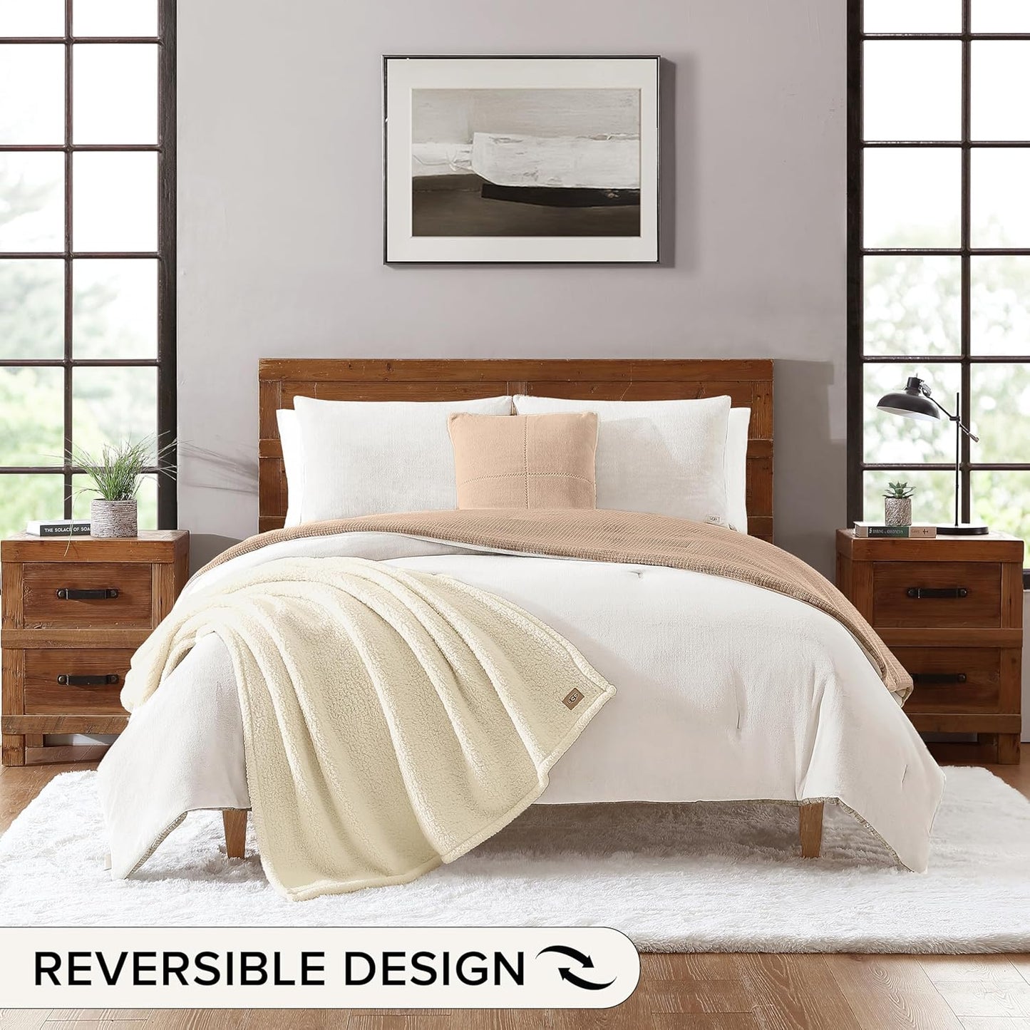 UGG Full/Queen Comforter Set 5 Piece Bed in a Bag with Throw Blanket, Decorative Pillow, Shams, Reversible Hypoallergenic Washable Luxury Warm Fluffy Bedding Set, Brown Birch (Remina)
