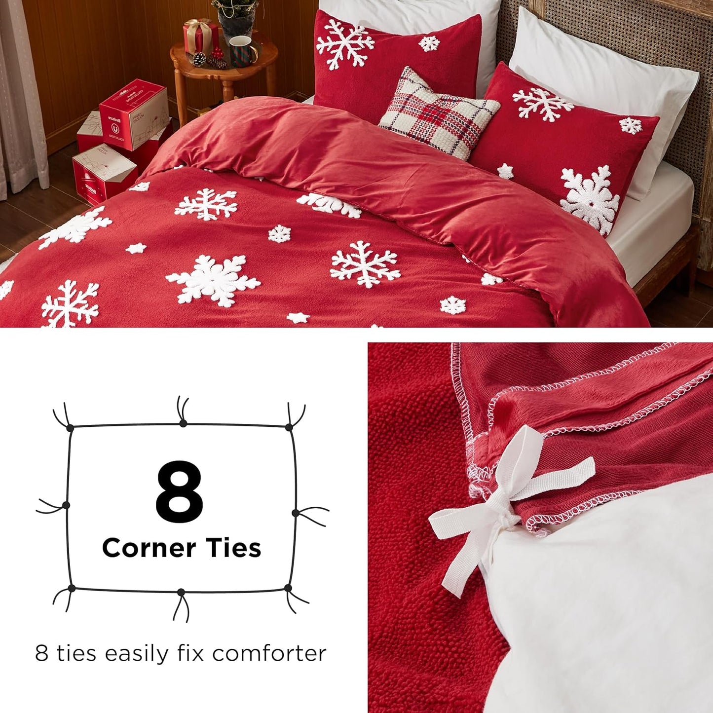 Bedsure Fluffy Duvet Cover Set - Ultra Soft Plush Shaggy Comforter Cover Queen Size, Warm Flannel Fleece Bed Sets for Winter, 3 Pieces, Snowflake Pattern, Red