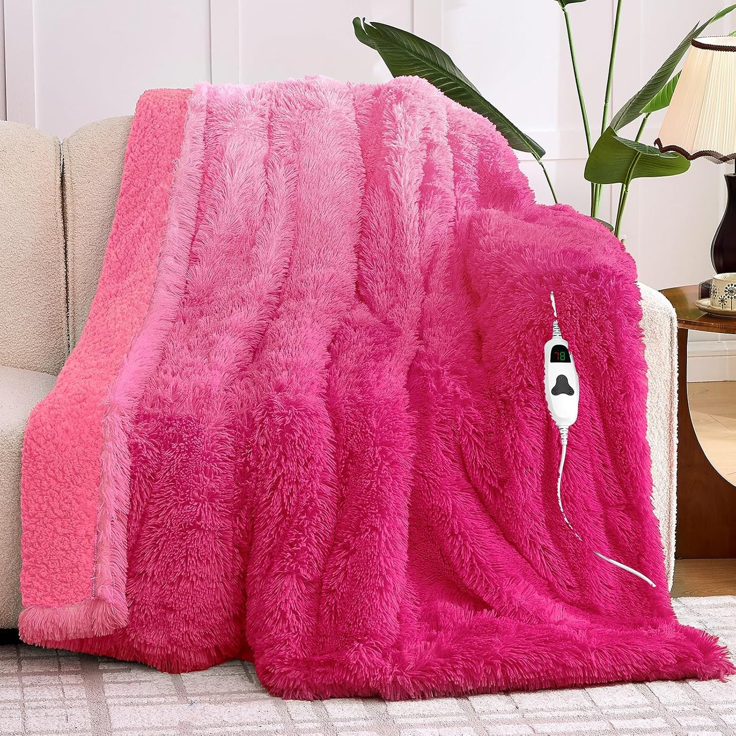 Heated Electric Blanket Twin,Warm Winter Birthday Gifts for Women Her Grandma–Faux Fur with Soft Sherpa,10 Heat Settings,5 Time Settings with Fast Heating, 62x84, Rose Red