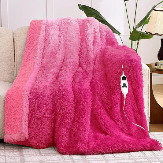 Heated Electric Blanket Twin,Warm Winter Birthday Gifts for Women Her Grandma–Faux Fur with Soft Sherpa,10 Heat Settings,5 Time Settings with Fast Heating, 62x84, Rose Red