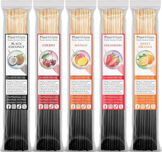Fruits Incense Sticks Variety Set Bulk 500 Pack Sampler 11" Sticks - 5 Bundles of 100 Sticks Per Bundle. Set Includes - Black Coconut, Cherry, Mango, Strawberry and Sweet Orange