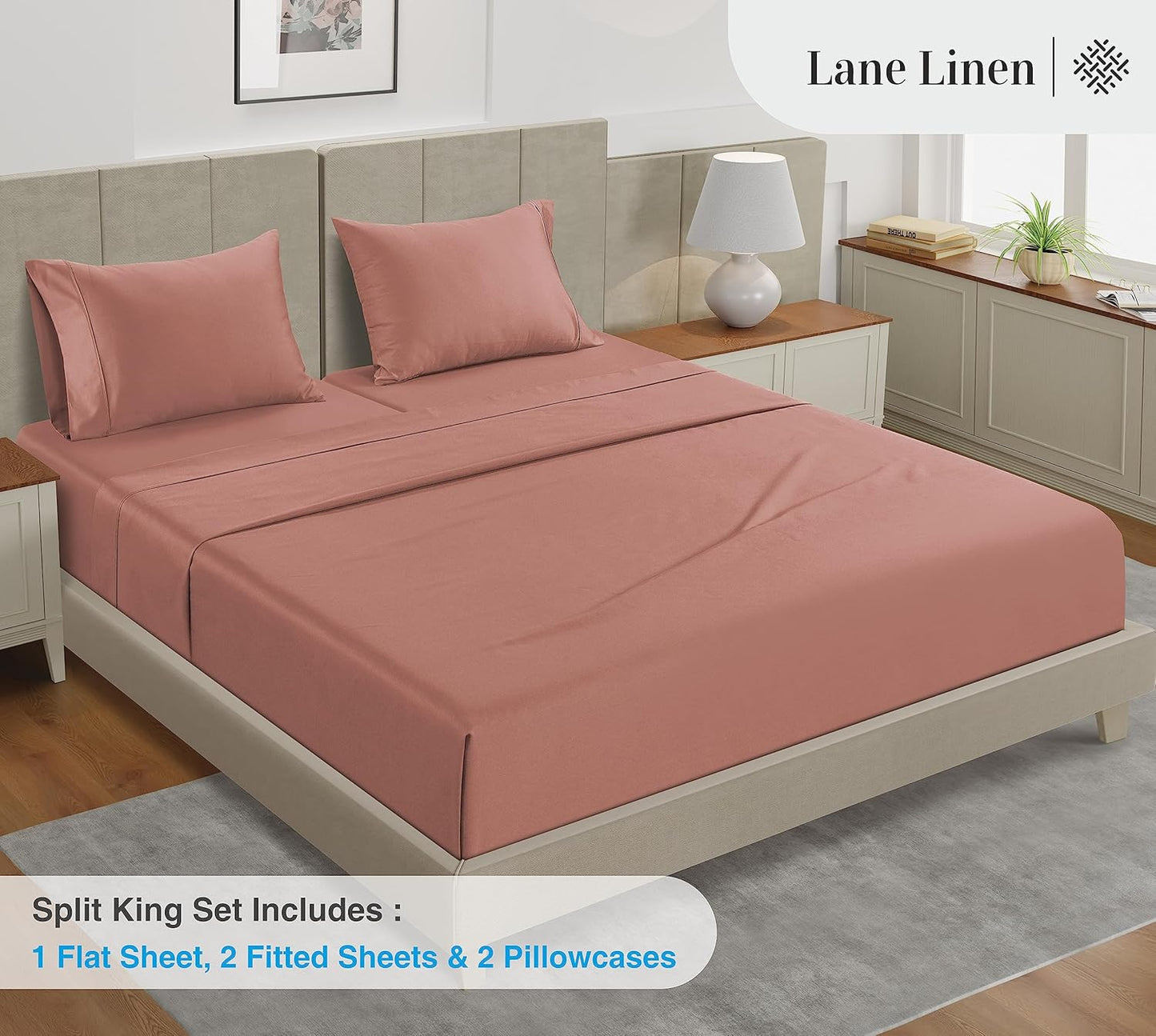 LANE LINEN Split King Bed Sheets for Adjustable Bed – 450 Thread Count Soft 100% Cotton Sheets, Breathable Sateen Weave, 15” Deep Pocket Fully Elasticized Fitted Sheet, Fade-Resistant, Rose Dawn
