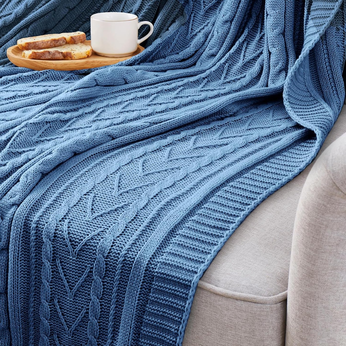 Aormenzy Dusty Blue Cable Knit Throw Blanket Queen Size for Bed Couch Sofa, Super Soft Cozy Knitted Blanket 90" x 90" Bed Blankets Full Size