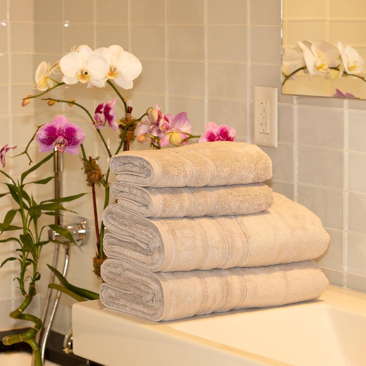 Mosobam Luxury Turkish 4pc Towel Set 30X58 16X30 Light Grey (Gray) 700 GSM Bamboo Viscose & Aegean Turkish Combed Cotton