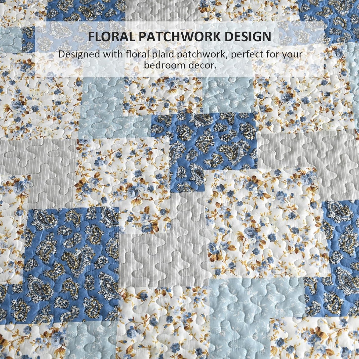 Mybedsoul Light Blue Quilt Set King Size, 3 Pieces Boho Plaid Floral Bedspread Set Microfiber Lightweight Bohemian Bedding Bedspread Coverlet Set for All Season 90"x104"