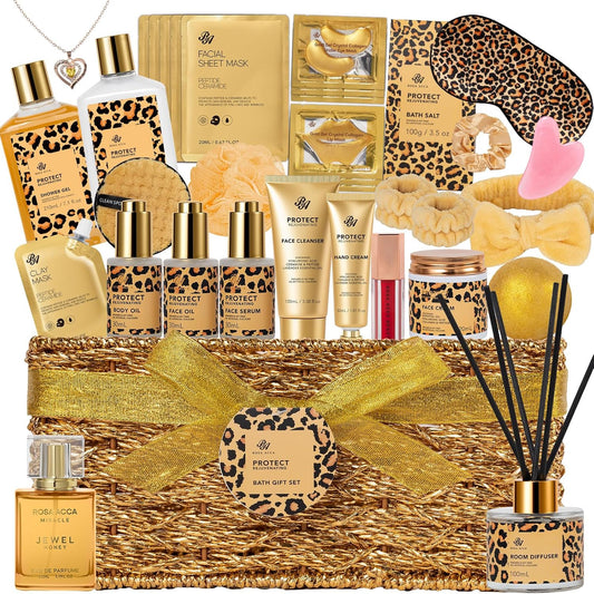 35 Pcs Christmas Gifts For Women, Honey & Almond Bath & Body Gift Basket, Face Skin Care Kit, Home Spa Gift Set, Self-Care Kit, Necklace, Bath Bomb, Birthday, Valentines, Mother Day, Anniversary