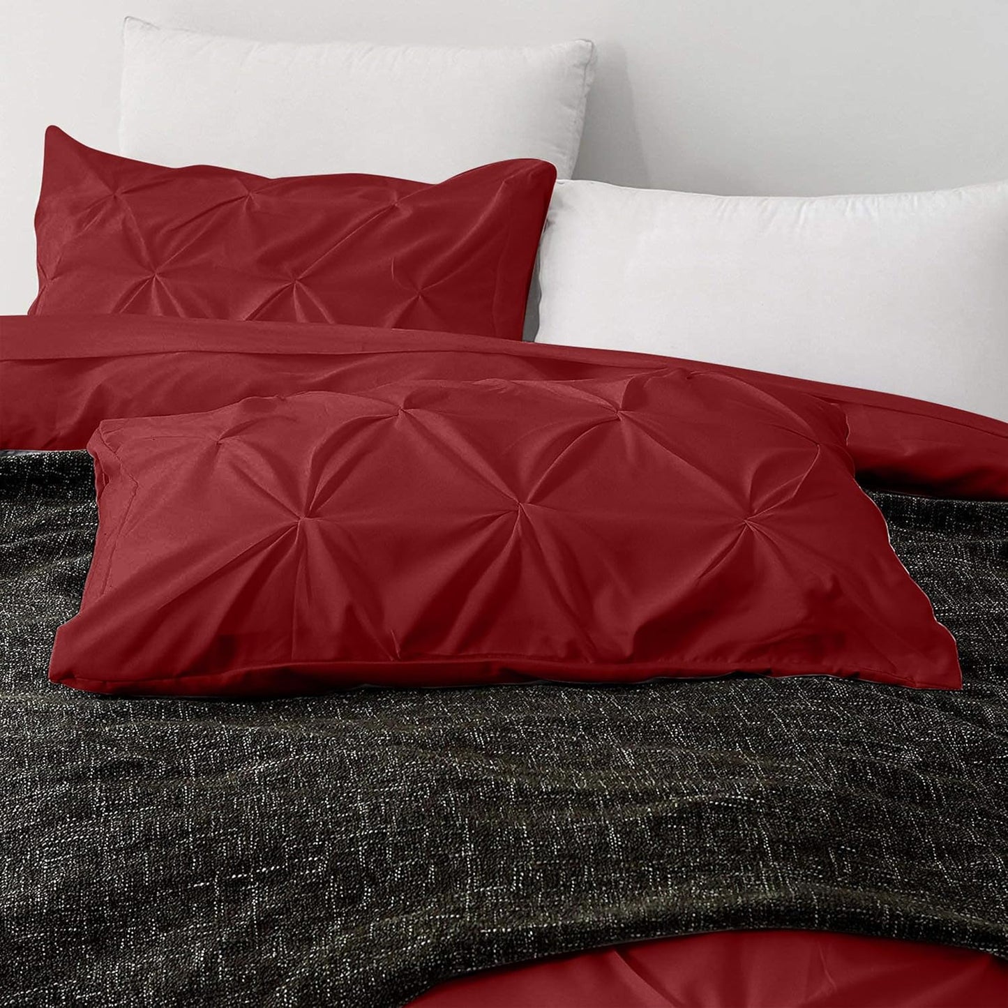 Pinch Pleated Duvet Cover Set 100% Cotton 3PC King Size 94x104 Duvet Cover Set, Decorative Pinch Design Burgundy Duvet Cover with Matching Pillow Case