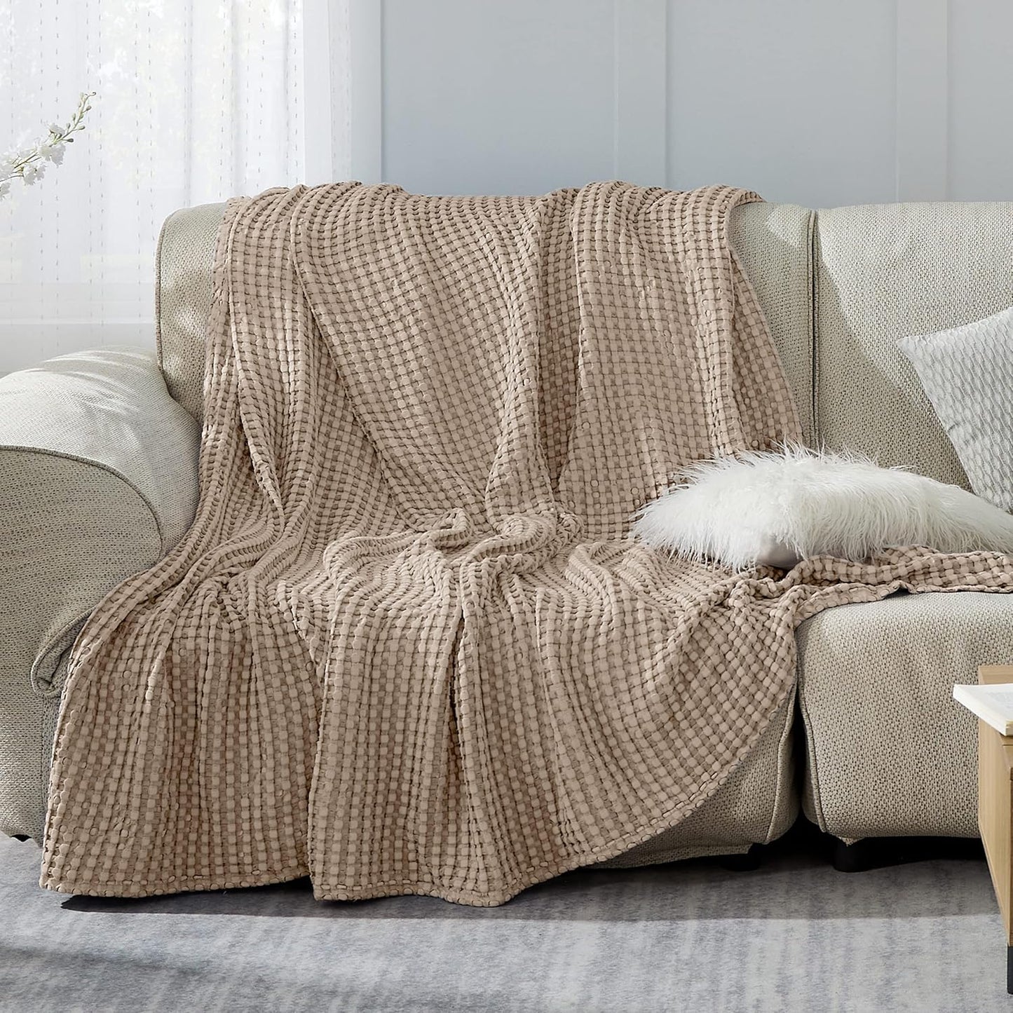 Bedsure Cooling Cotton Waffle Queen Size Blanket -Lightweight Breathable Fall Blanket of Rayon Derived from Bamboo for Hot Sleepers, Luxury Throws for Bed, Couch and Sofa, Taupe, 90x90 Inches