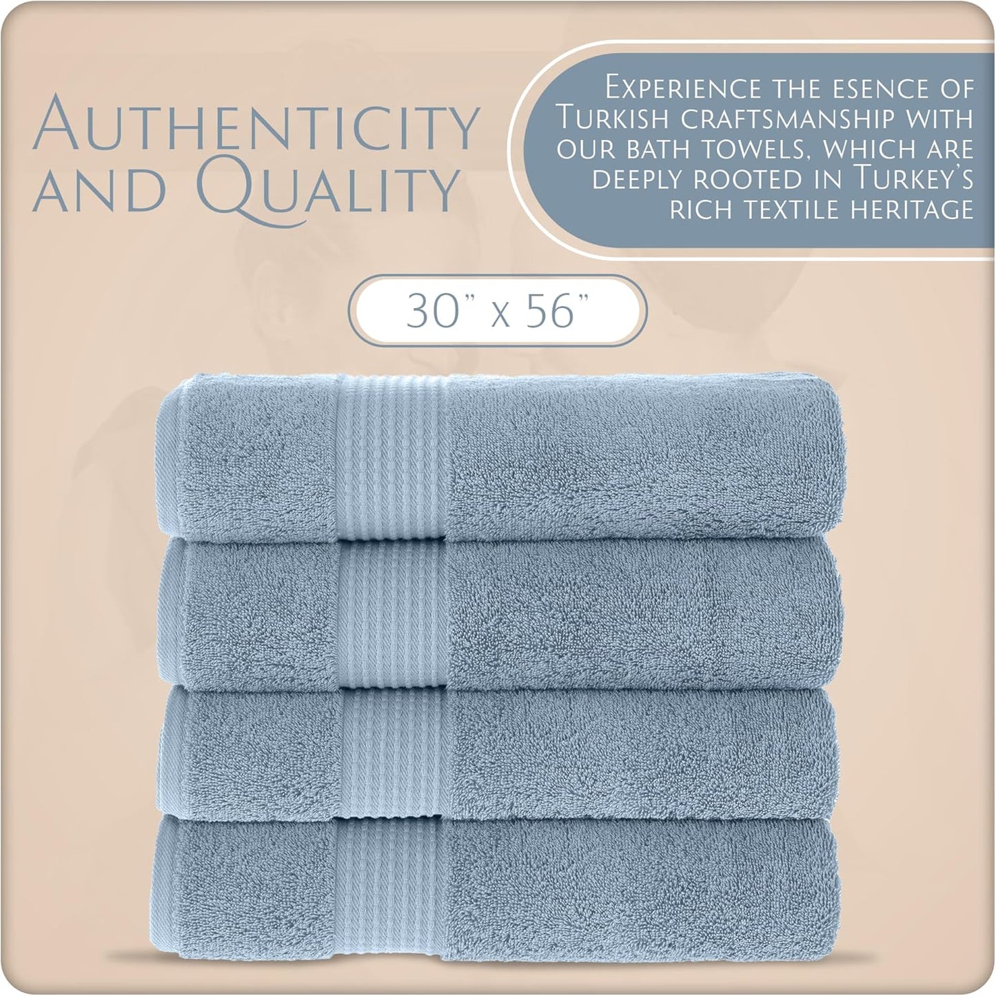 MAURA Basics Performance Bath Towels 100% Turkish Cotton with Hook Loops. Extra Large Luxury Absorbent Plush Towel Sets for Bathroom, Daily Use American Standard Size 27”x54”, Blue Gray