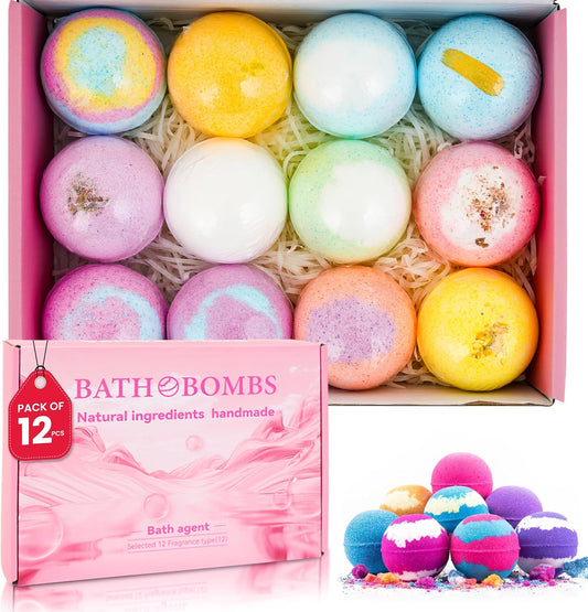 Bath Bombs for Women Pack of 12 Handmade for Women Gift Set, All Natural with Essential Oils, Shea Butter & Luxurious Bubbles - Relaxing Bath Bombs for Adults, Spa Fizzies, Moisturizing Bath Balls