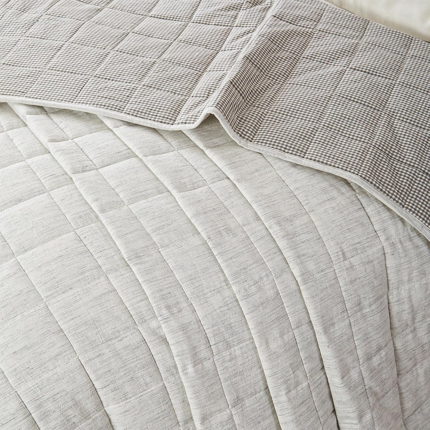 White Quilt King Size， Cotton Linen King Size Quilt Set，3-Pieces Bed Spreads with Grey Plaid Coverlet Lightweight Comforter with 2 Pillow Shams