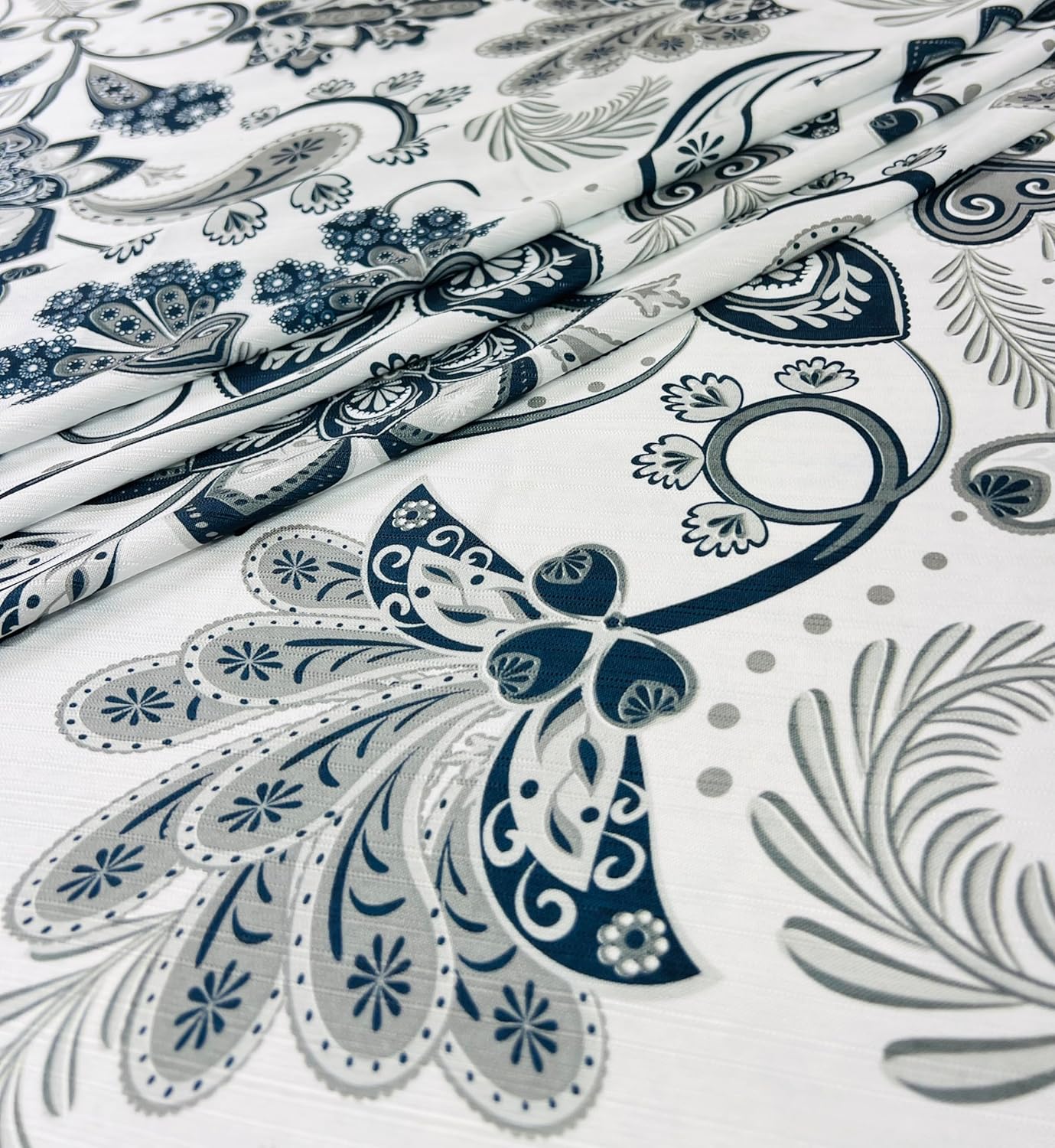 Serafina Home Hotel Quality Navy Gray Grey Fabric Bathroom Shower Curtain: Paisley Floral Leaf Damask Design on White (72 x 70 inches)