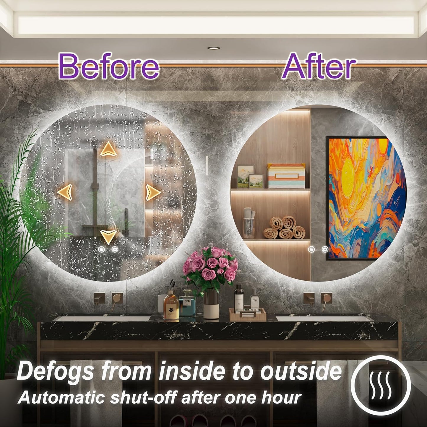 42-inch Round LED Bathroom Mirror with Light, 3 Color Temperatures (3000K/4500K/6000K), Dimmable Backlit, Anti-Fog, 5MM HD Glass, CRI 90+, Memory, Frameless