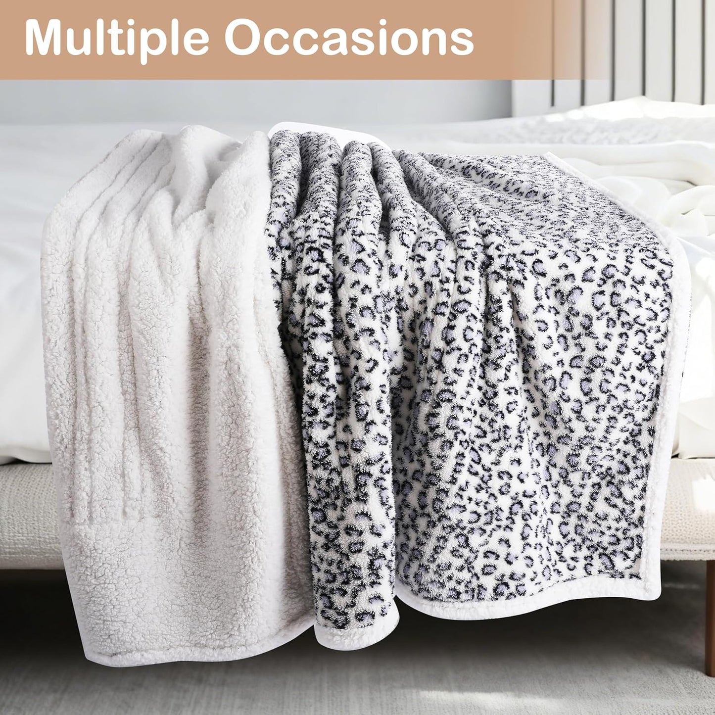 Electric Heated Blanket Full Size 72×84, 10H Auto Off & 6 Heating Settings Fluffy Ultra Soft Warmth Lightweight Cozy Plush Sherpa Machine Washable, Fast Heating, Home Office Leopard Print Blue & White