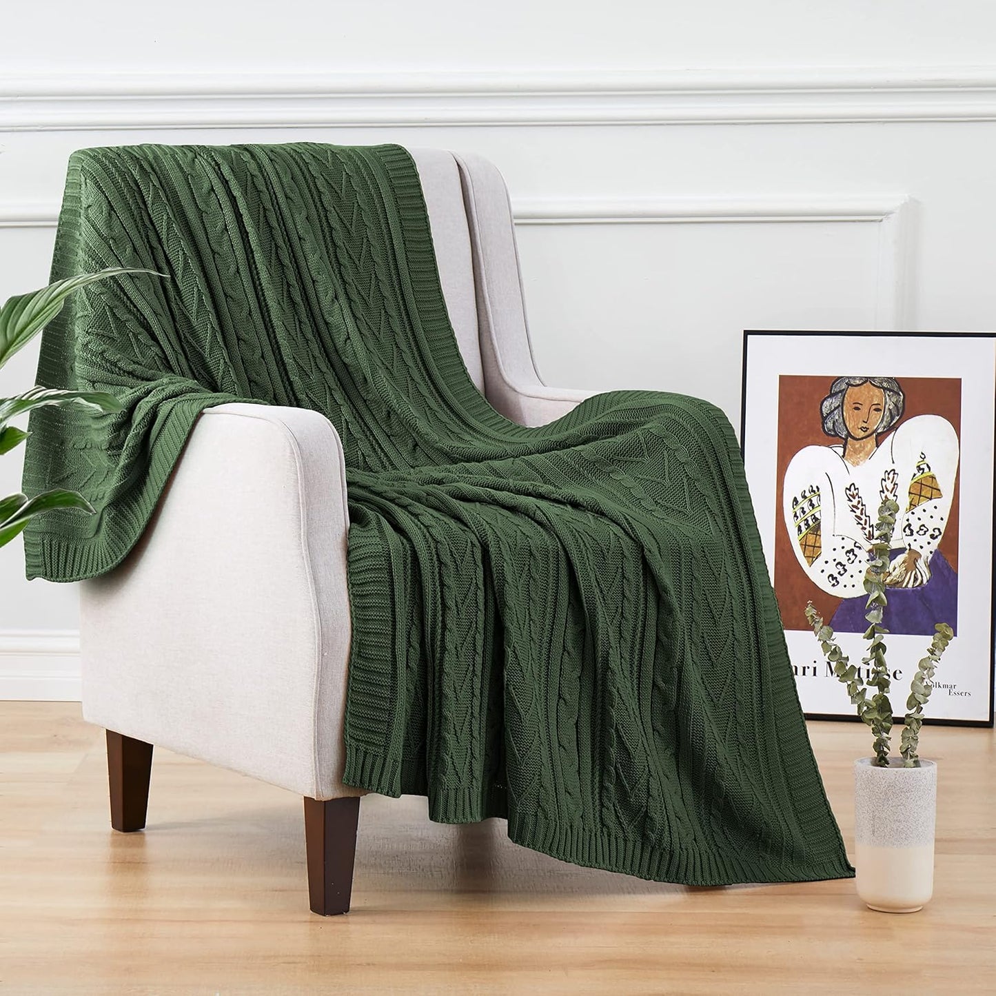 Aormenzy Green Cable Knit Throw Blankets for Couch Bed Sofa, Acrylic Knitted Blanket, Soft Cozy Throw Blanket, 50" x 60"