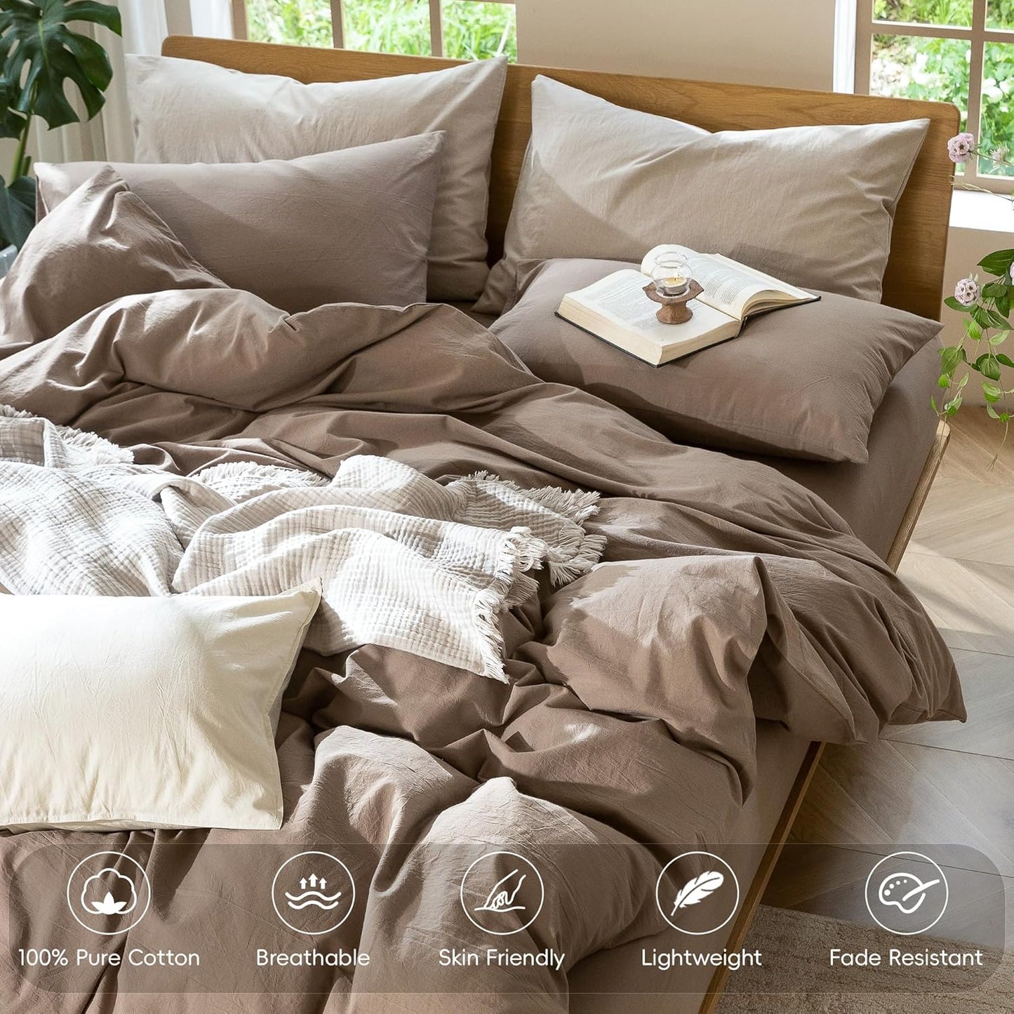 MooMee Bedding Duvet Cover Set 100% Washed Cotton Linen Like Textured Breathable Durable Soft Comfy (Solid Brown, Super King Plus 120"x120")