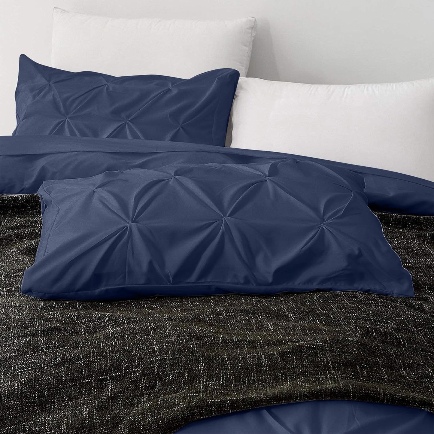 Pinch Pleated Duvet Cover Set 100% Cotton 3PC Super King Size 98x108 Duvet Cover Set, Decorative Pinch Design Navy Blue Duvet Cover with Matching Pillow Case