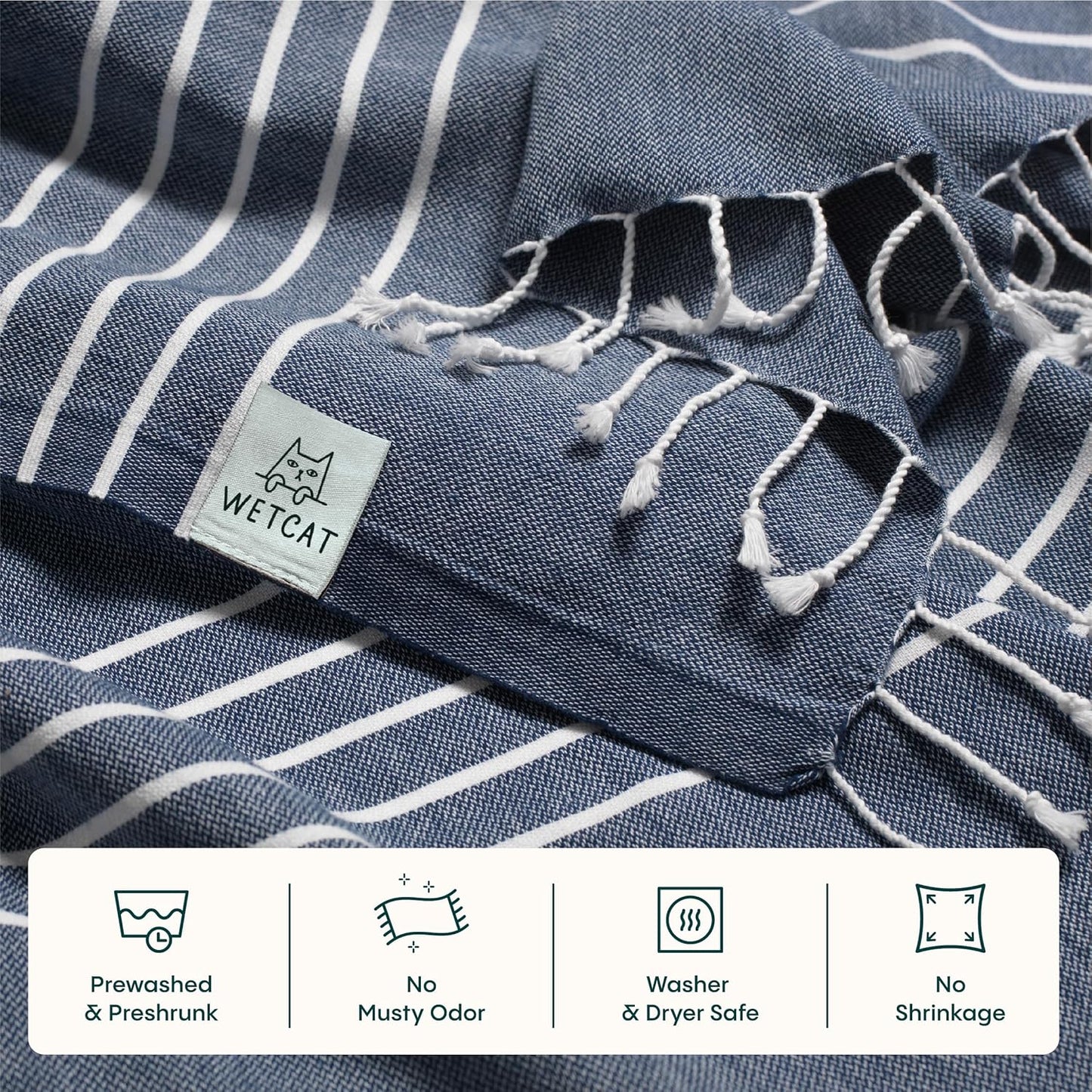 WETCAT Turkish Beach Towel Oversized (38"x71") 100% Turkish Cotton, Made in Turkey - Sand Free, Extra Large, Ultra Soft, Quick Drying, Compact & Lightweight for Travel - Navy Blue