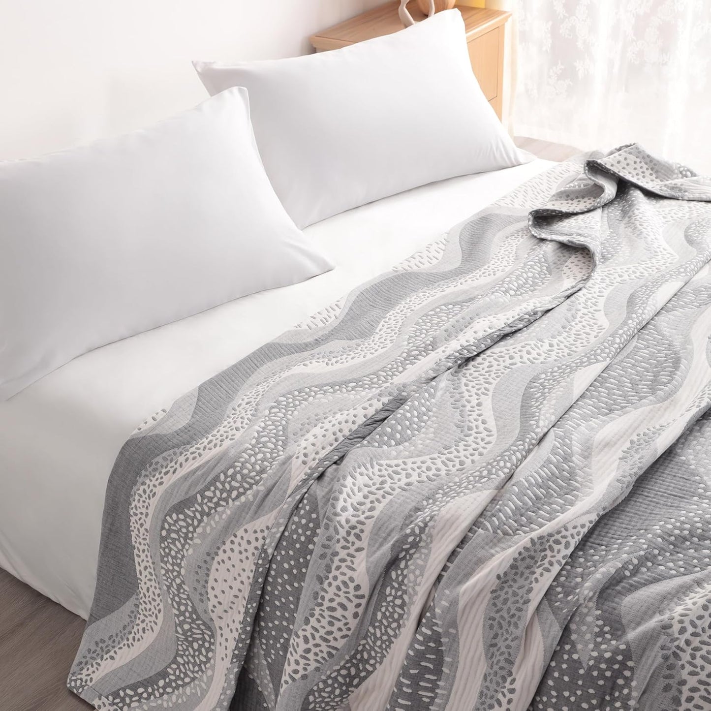 NTBAY 3 Layers Cotton Muslin 88x92 Queen Bed Blanket, Super Soft Breathable Thermal Yarn Dyed Quilt for Adults, Perfect Lightweight Blanket for Couch Sofa Bed All Seasons, Grey Wheat Waves