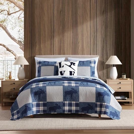 Eddie Bauer - King Quilt Set, Naturally Soft Cotton Bedding w/a Lightweight Feel for All-Year Comfort, Reversible w/Matching Pillowcases, 3 Piece Bed Set (Moose Plaid/Pinstripe/Patchwork Blue)