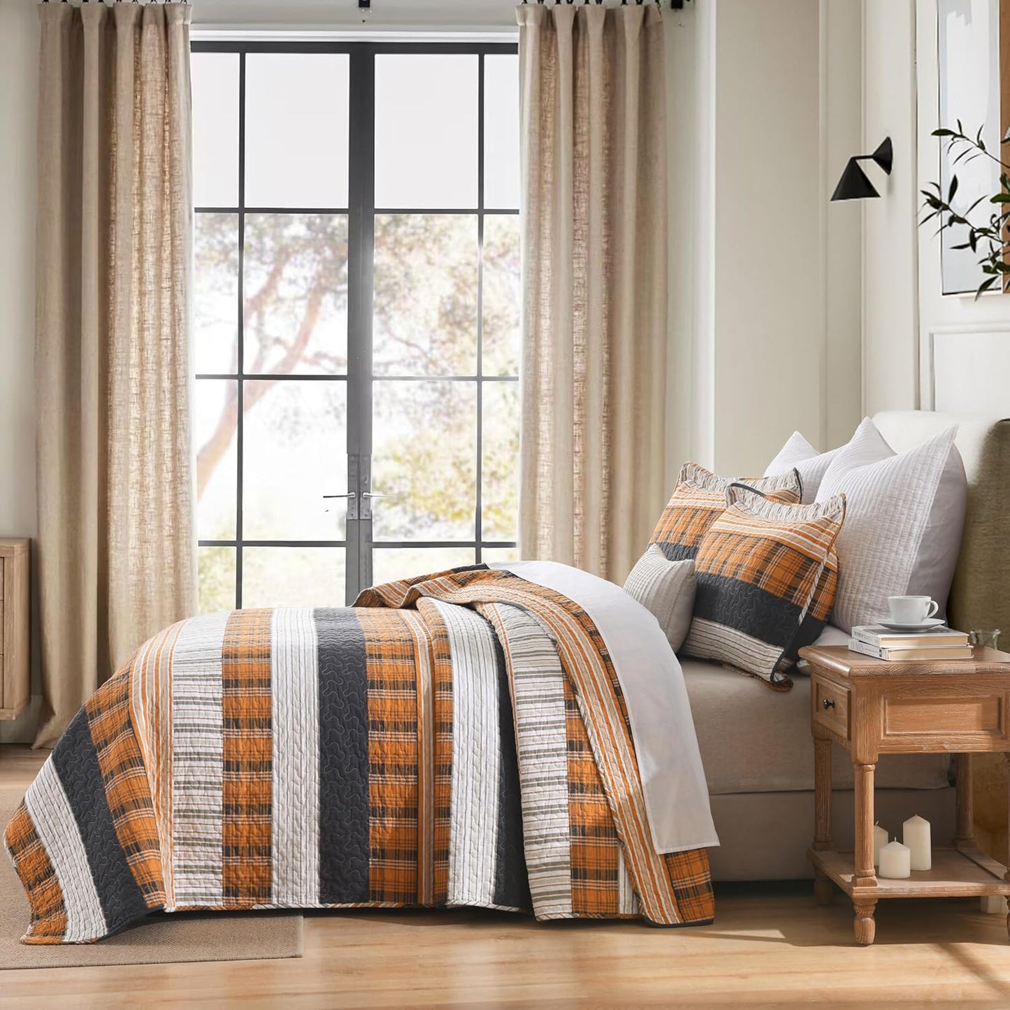 Homzard King Comforter Set,Cotton King Size Quilt，Caramel Orange Black King Bedding Set，Plaid Striped Bedspread Set，Lightweight Reversible Bed Set 3 Pieces