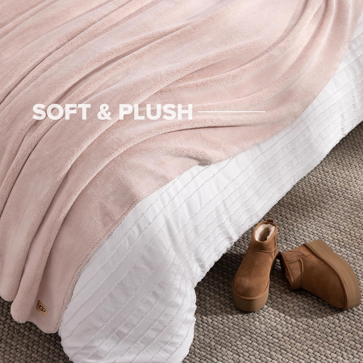 UGG Plush King Size Blanket for Bed, Fleece Cozy Soft Blanket, Luxury Warm Extra Large Throw for Couch, Washable Hypoallergenic California King Throw, 110" x 90", Quartz Pink (Whitecap)