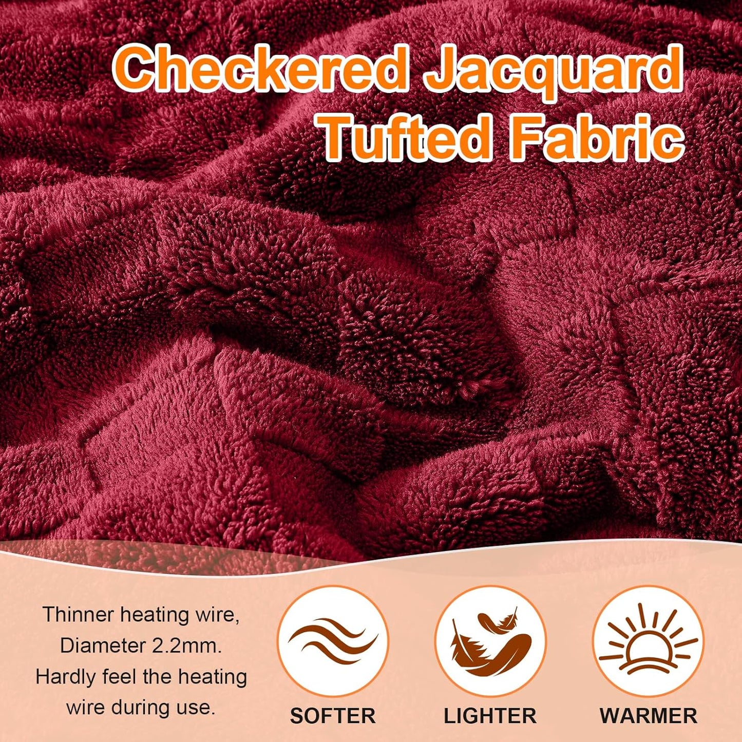 Electric Heated Blanket Twin Size - Jacquard Checkered Sherpa 62"x84" Fast Heating Bed Blankets with 6 Heating Levels & 10 Hours Auto Off, Over-Heat Protection ETL, Red