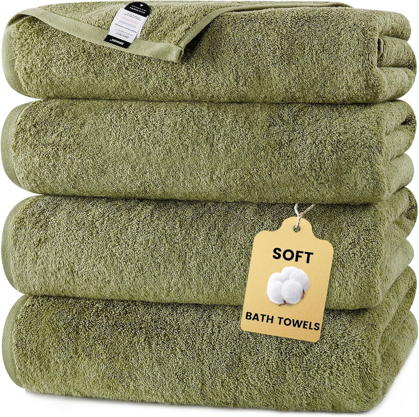 SEMAXE 4-Pack Luxury Bath Towels for Bathroom, 100% Cotton, Soft, Absorbent, and Quick-Drying, 55"x27", Green, Perfect for Hotels, Gyms, and Spas