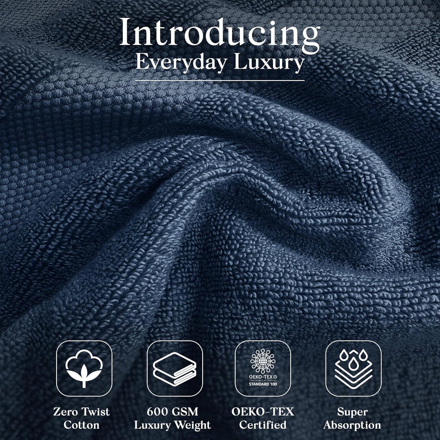 Premium Staple Cotton Bathroom Towel Set - Navy 600 GSM 6-Piece Luxury Bath Towel Set 1 Stripe - 2 Bath Towels, 2 Hand Towels & 2 Washclothes Set - High Absorbent & Quick Dry for Gym, Spa, Hotel