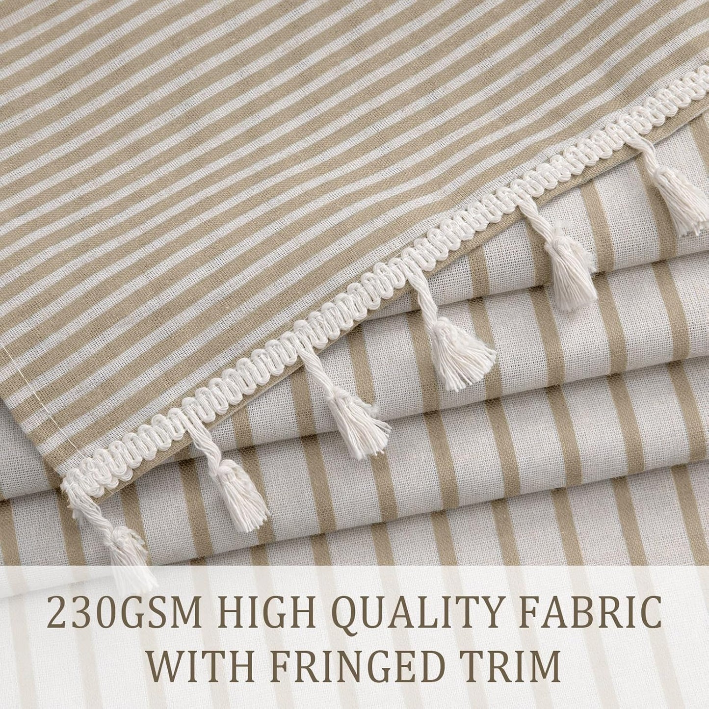 Awellife Boho Shower Curtains for Bathroom,Beige Linen Texture Shower Curtain with Striped Tassels 72x72 Inches Neutral