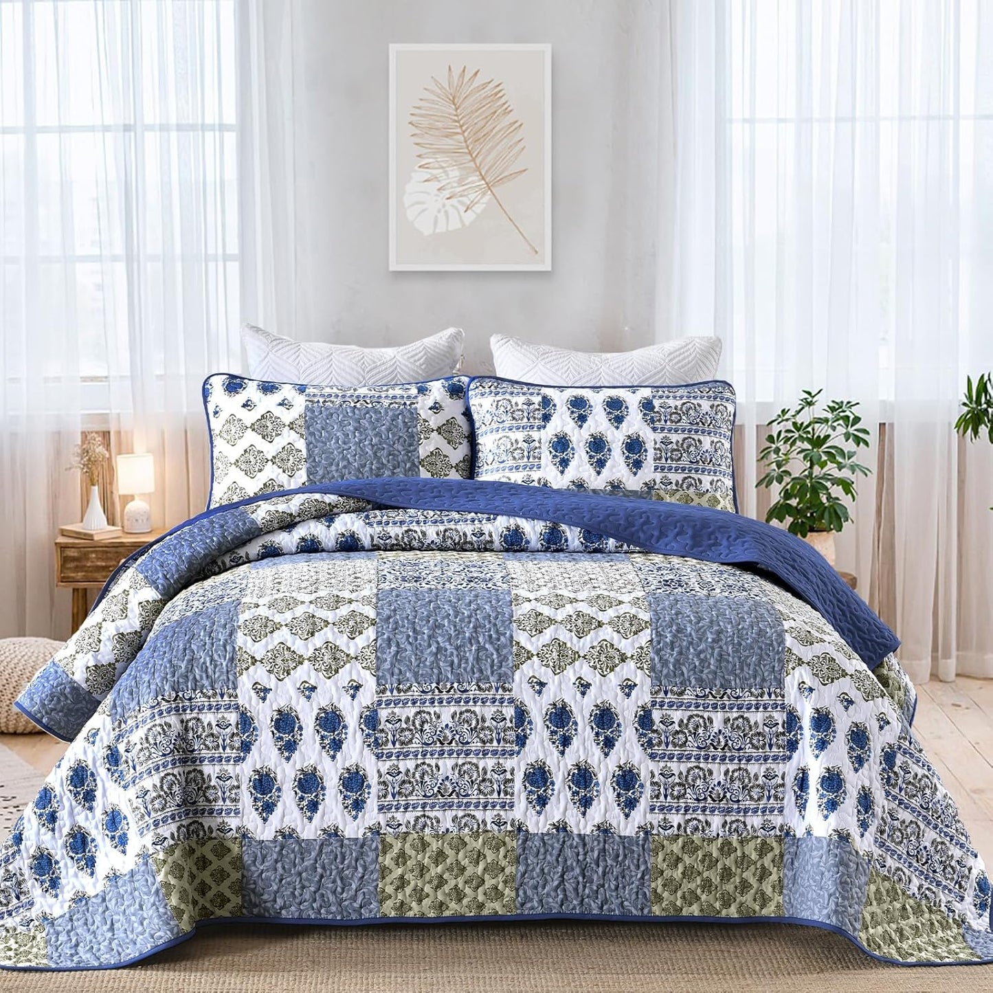 Mybedsoul Blue Quilt Set Queen Size 3 Pieces Boho Plaid Aqua Blue Floral Bedspread Set Microfiber Lightweight Bohemian Bedding Set for All Season (1 Quilt + 2 Pillow Shams) 90"x96"