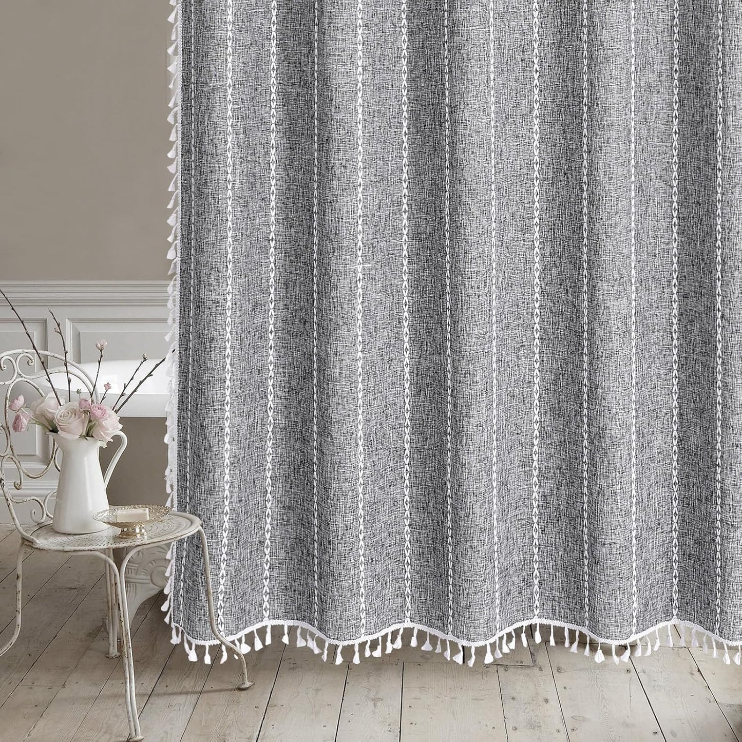 MitoVilla Boho Extra Long Shower Curtain 72 x 96, Darkgrey Modern Farmhouse 96 inch XL Polyester Linen Texture Tassel Fabric Shower Curtain Set with Hooks for Cottagecore Country Bathroom Decor