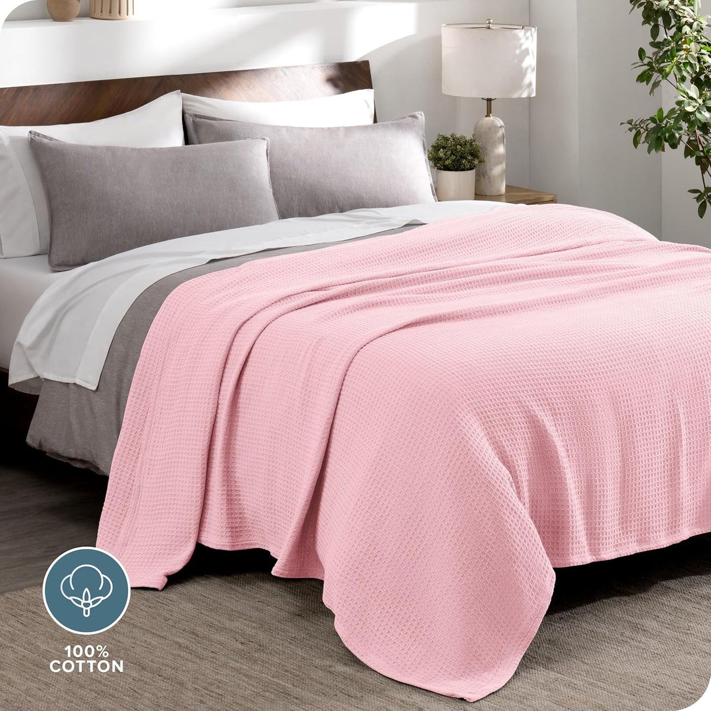 Bare Home Light Pink Waffle Blanket, Extra Long - 66Wx90L, 100% Cotton, Soft & Breathable Blanket for All Seasons, Lightweight, Perfect for Layering Bed, Sofa & Couch (Twin/Twin XL, Light Pink)