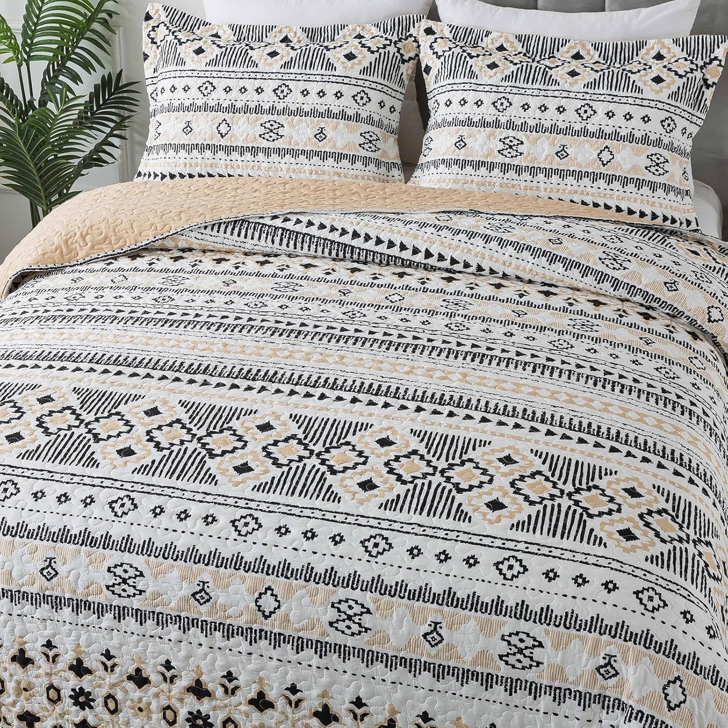 BEDIFANY Boho Quilt Bedding Set, 3 Pieces Stripe Queen Bedspread Lightweight Boho Queen Quilt, All-Season Bed Spread Coverlet Set for Bed Decoration