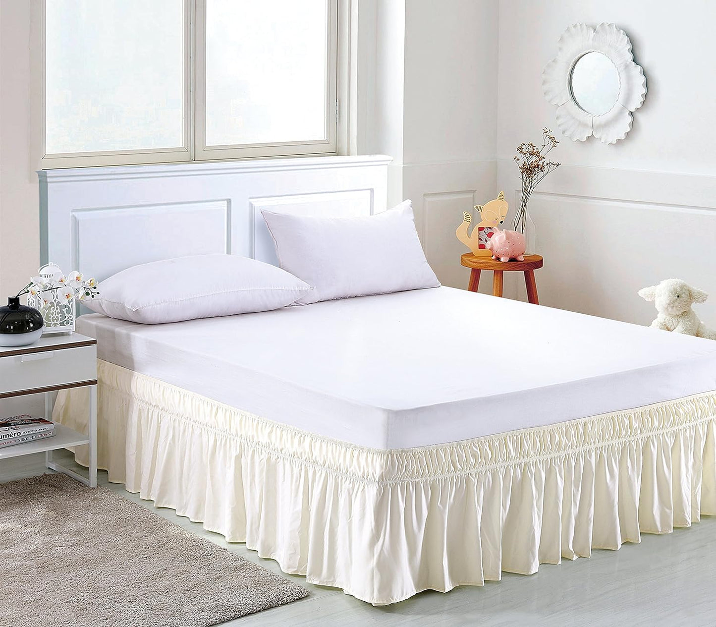 MEILA Wrap Around Bed Skirt Three Fabric Sides Elastic Dust Ruffled 18 Inch Tailored Drop,Easy to Install Fade Resistant-Ivory, Queen/King