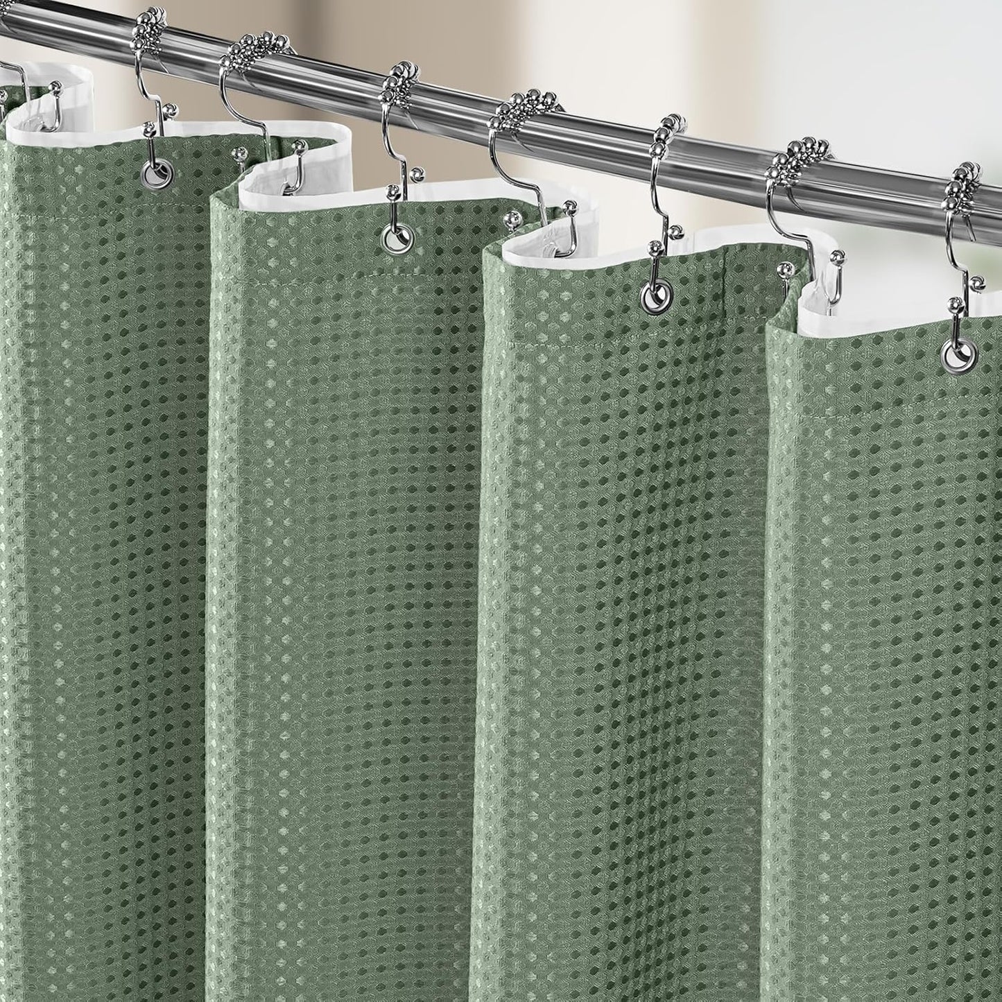 3 in 1 Shower Curtain Set, Waffle Shower Curtain and Liner Set with 12 Double Sided Shower Curtain Hooks, 258GSM Luxury Weighted Cloth Shower Curtains for Bathroom, 72 W x 72 H, Sage Green