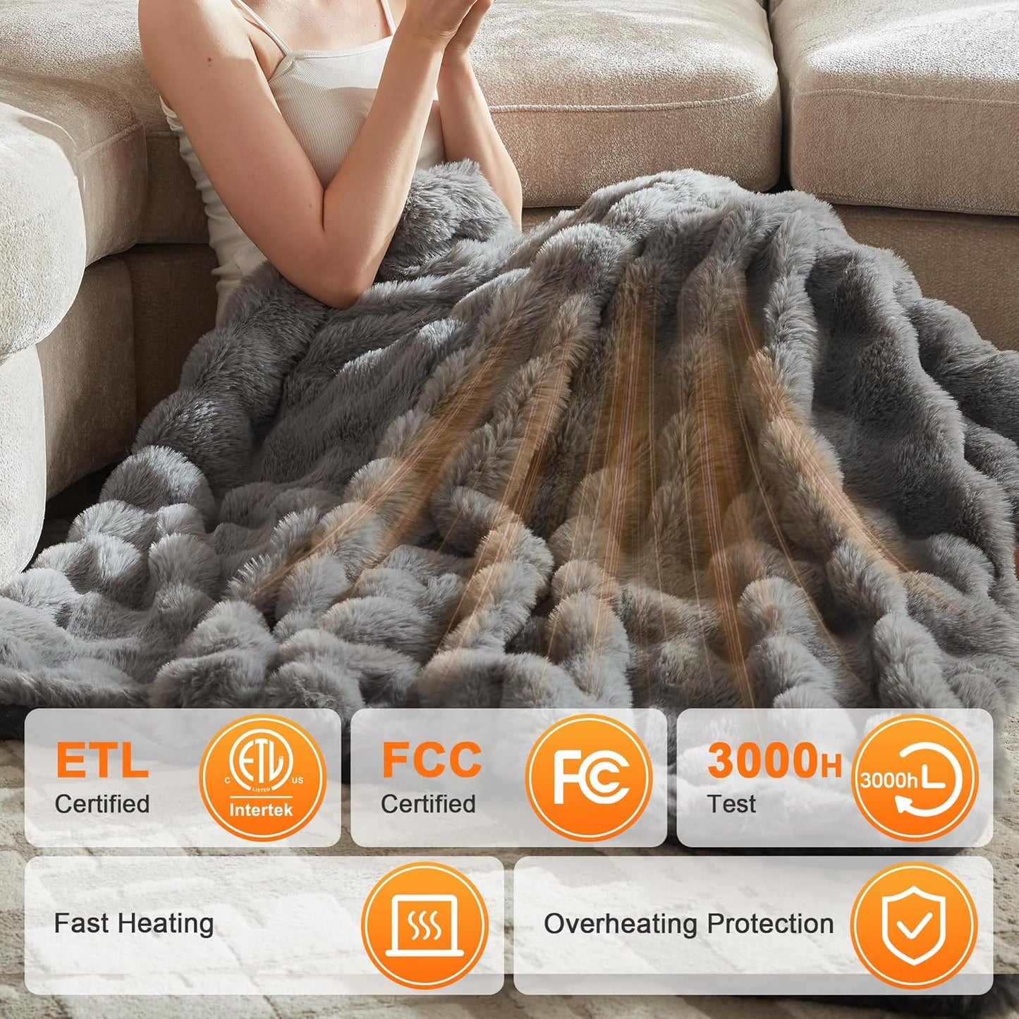 Heated Throw Blanket - Plush Thick Bubble Faux Fur Heated Blanket, Fast Heating Electric Blanket 6 Heating Levels & 4 Hours Auto-Off, Machine Washable, 50"x60", London Grey