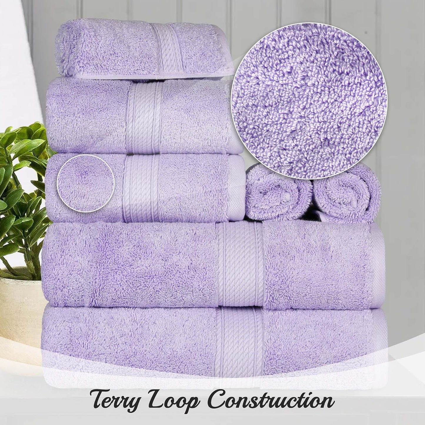 Superior Egyptian Cotton Pile 10 Piece Towel Set, Includes 2 Bath, 4 Hand, 4 Face Towels/Washcloths, Ultra Soft Luxury Towels, Thick Plush Essentials, Guest Bath, Spa, Hotel Bathroom, Purple