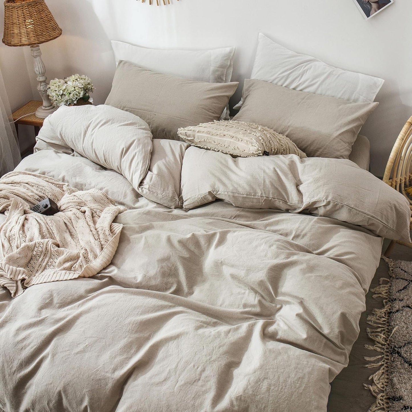 MooMee Bedding Duvet Cover Set 100% Washed Cotton Linen Like Textured Breathable Durable Soft Comfy (Heathered Tannish Linen Grey, Super King 108"x98")