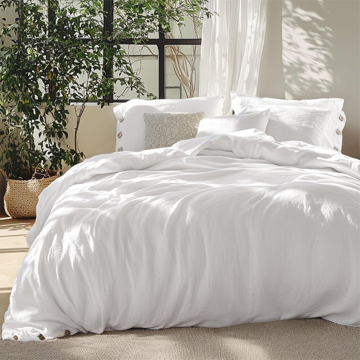 Bedsure Linen Duvet Cover King Size - Linen Cotton Blend Bedding Set, Soft & Cozy, 3 Pieces, 1 Duvet Cover 104x90 Inches and 2 Pillowcases, White Color Cooling Bedding, Comforter Sold Separately