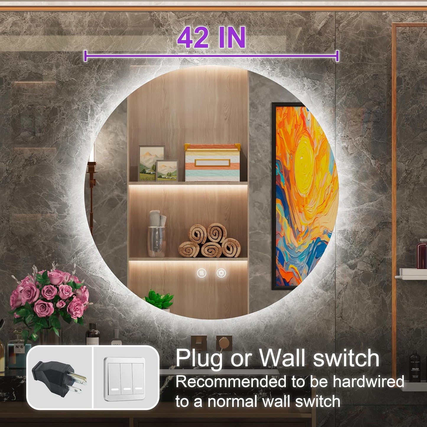 42-inch Round LED Bathroom Mirror with Light, 3 Color Temperatures (3000K/4500K/6000K), Dimmable Backlit, Anti-Fog, 5MM HD Glass, CRI 90+, Memory, Frameless