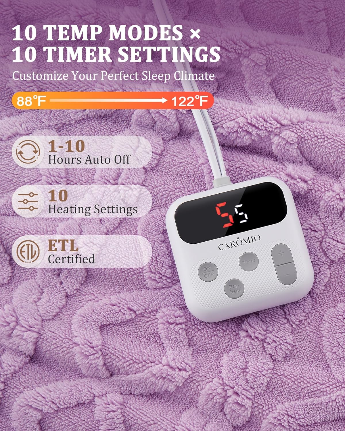 CAROMIO Electric Blanket Full Size - Thick Tufted Sherpa Heated Blanket Full Size with 10 Heating Levels and 10 Time Settings, ETL Certified Machine Washable Fast Heating Blanket Full 72"×84", Purple