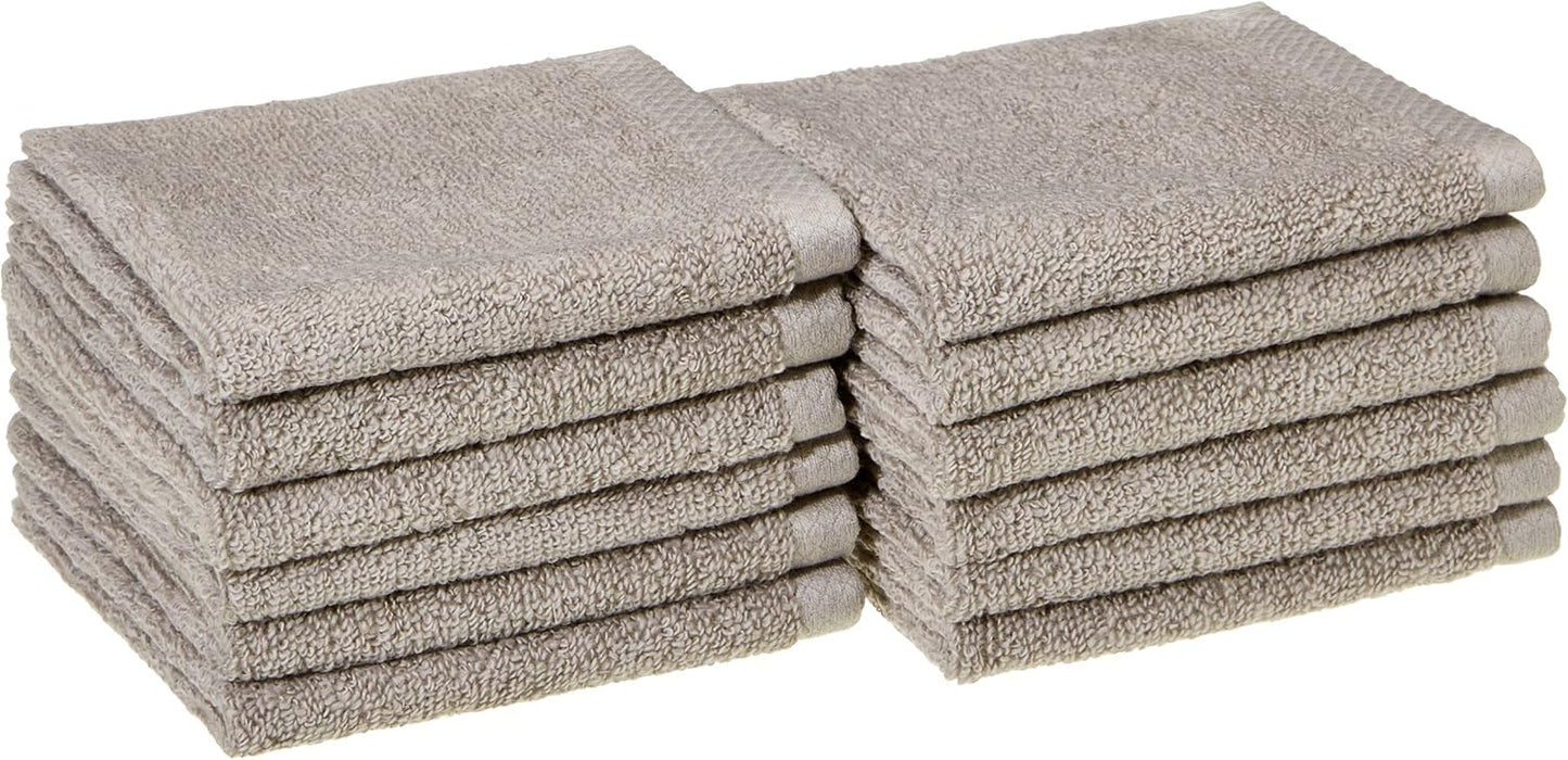 Amazon Basics Cotton Washcloths, Quick-Dry, 12" x 12", 12-Pack, Platinum
